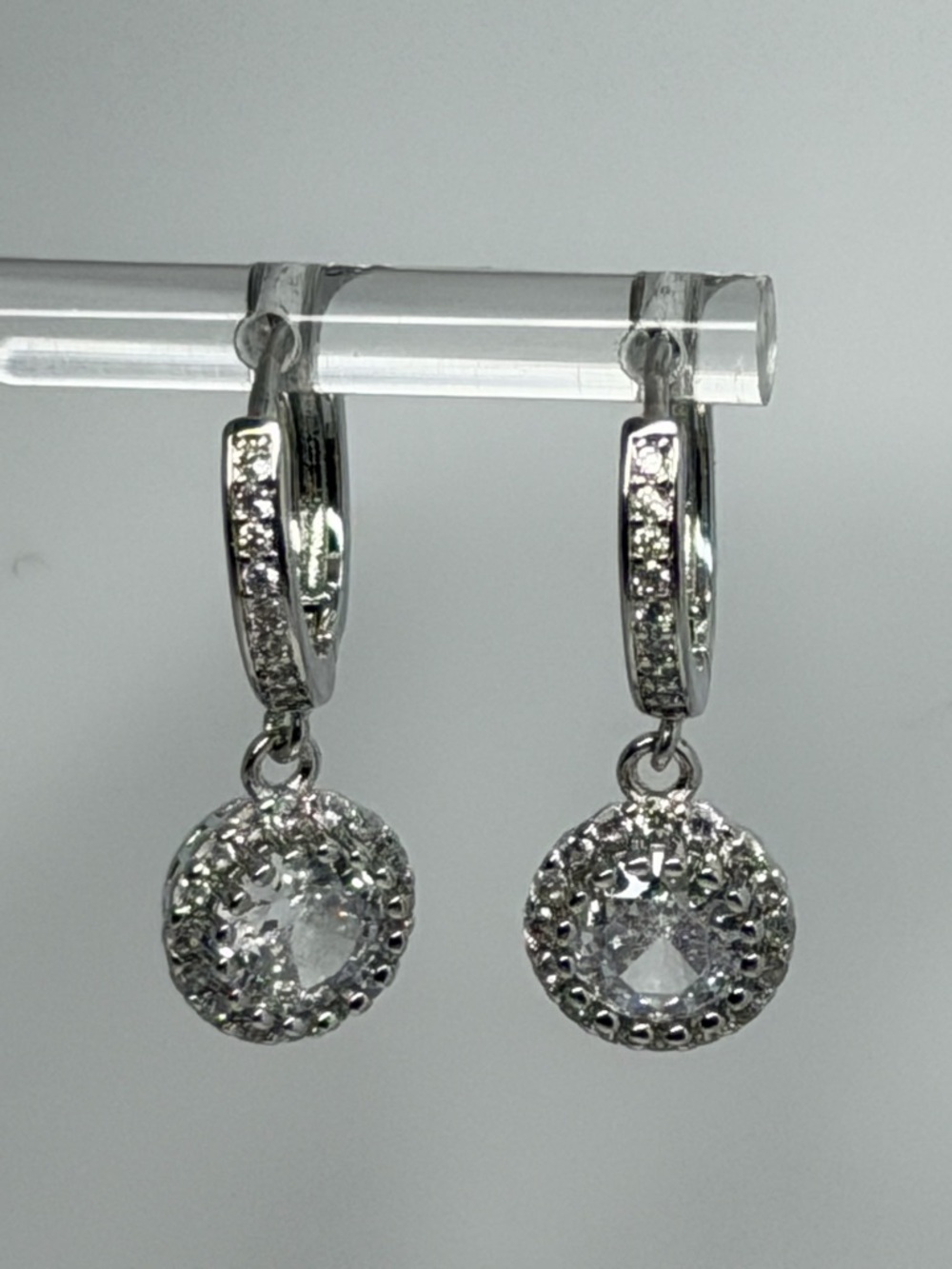 925 Sterling Silver stamped, Drop Earrings with White Crystal Pendants